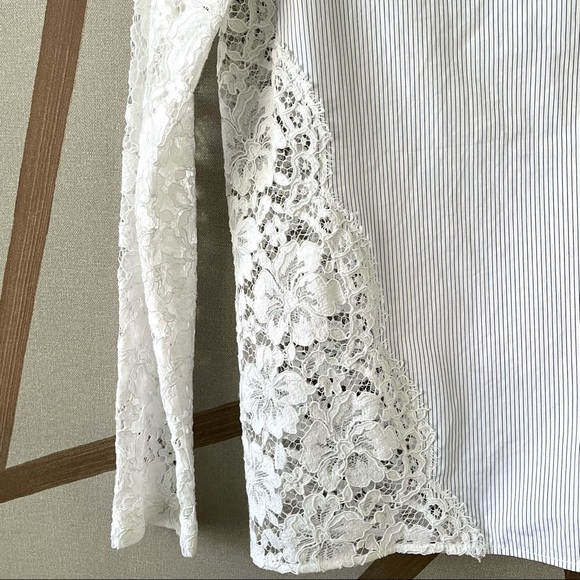 SANDRO | 🤍 White Lace Mock Neck Blouse w/ Thin Pinstripe Panel | Size 1 (Small) - Picture 12 of 16